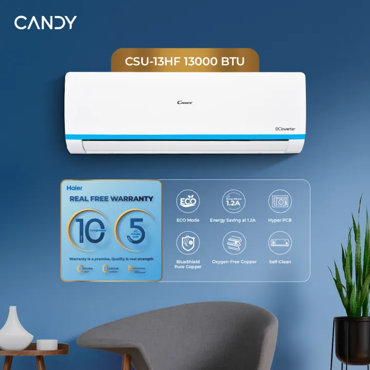 Candy - The Italian Style by Haier 1 Ton Heat & Cool DC Inverter - White Colour AC - CSU-13HF- High Efficiency Inverter - Energy Saving - Eco-Environment - 10 Years Brand Warranty - Free Professional Installation By Haier