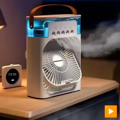 3 In 1 Fan Air Cooler with Ice Humidifier & Night Light Mist Fan Portable Air Conditioner with Ice Tray Cooling Fan Water Spray Fan AC (non-Chargeable and Recargeable both available)